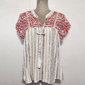 Savanna Jane Women's Small Multicolor Embroidered V-Neck Peasant Tunic Top